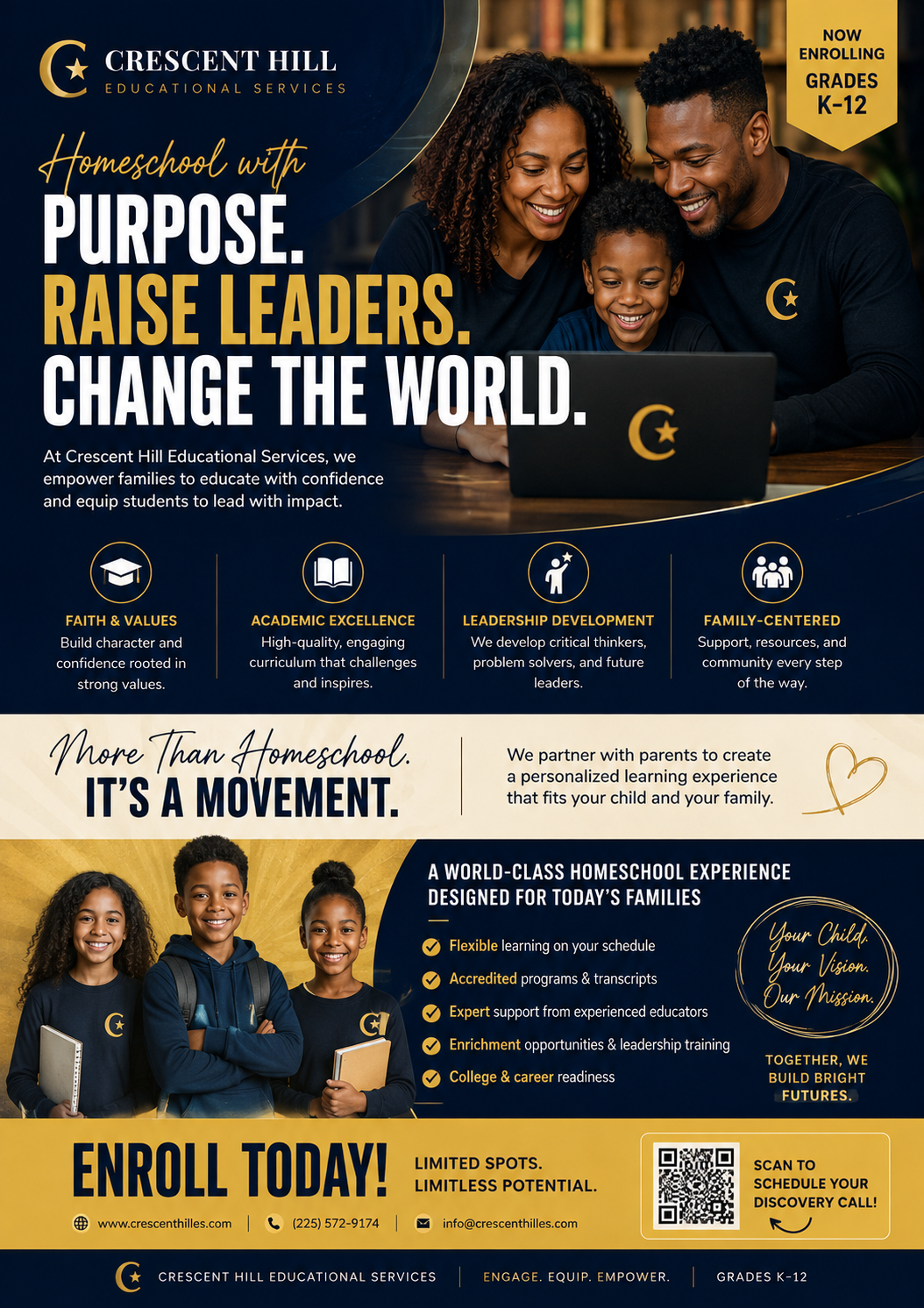 Crescent Hill Educational Services recruitment flyer promoting homeschool enrollment and family-centered learning.