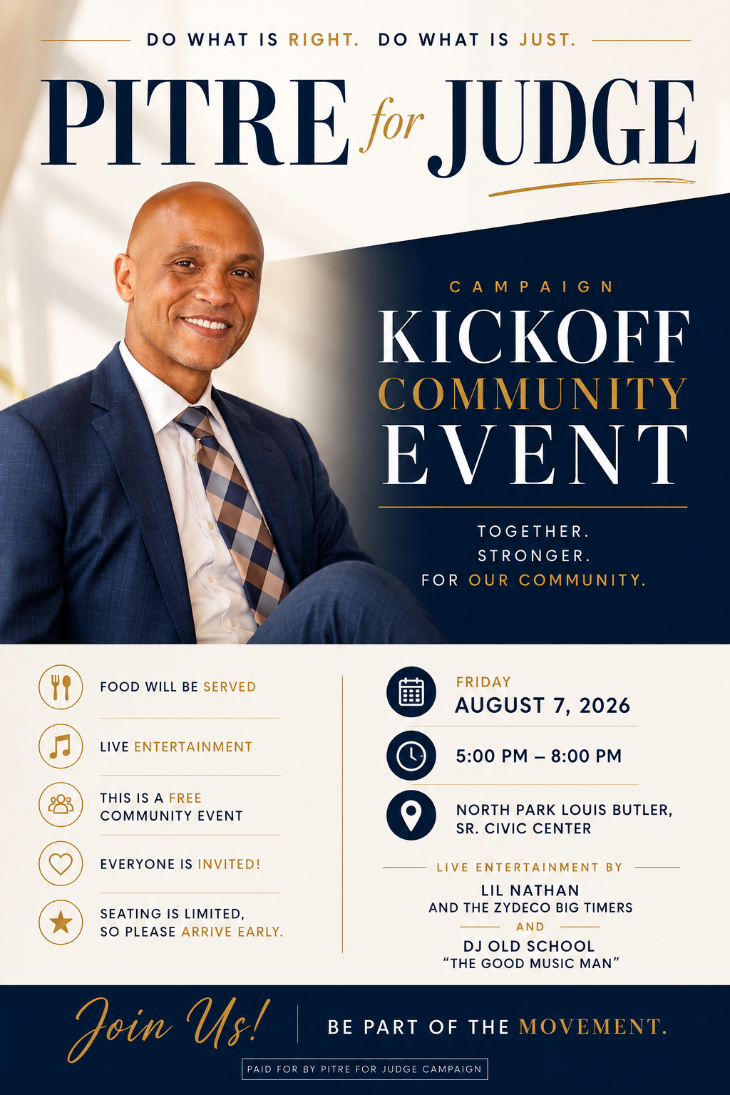 Pitre for Judge campaign kickoff event flyer with candidate portrait and community event details.