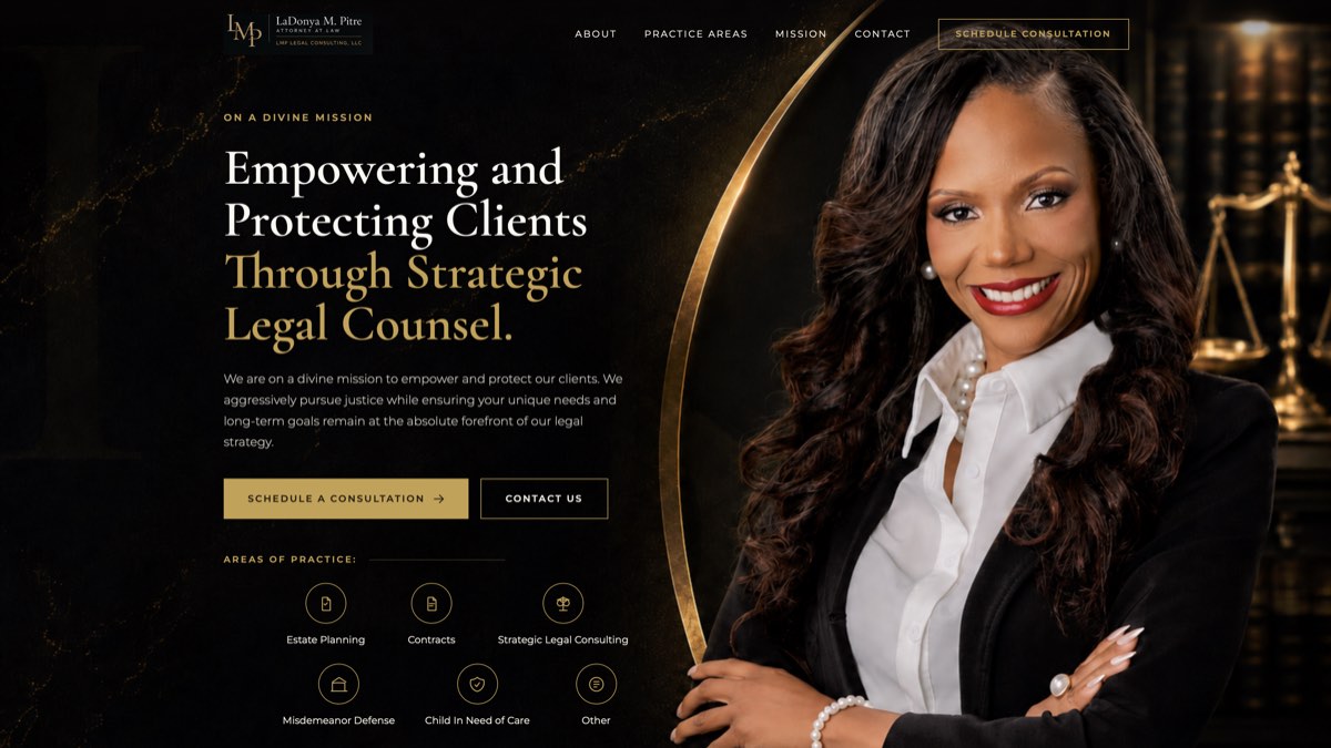 LMP Legal Consulting website designed by EK Studio, featuring attorney LaDonya M. Pitre and the headline Empowering and Protecting Clients Through Strategic Legal Counsel.